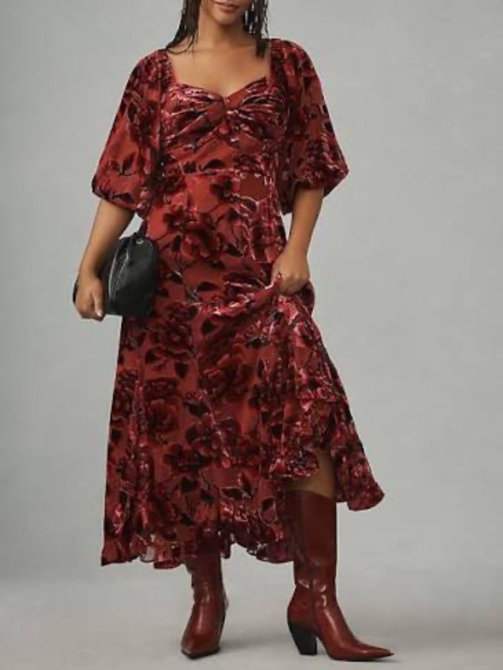 Twist-Front Puff Sleeved Velvet Dress